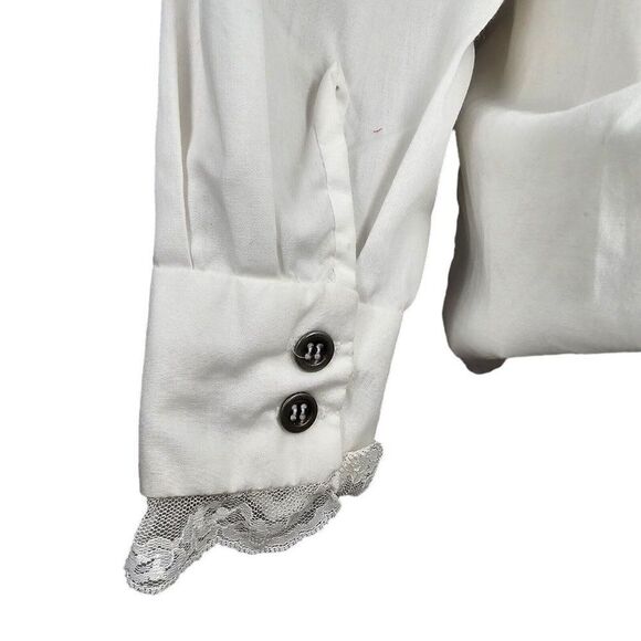 Vintage 80s Button Up Blouse Womens S White Ruffle Front Romantic Modest Lace - Picture 6 of 7